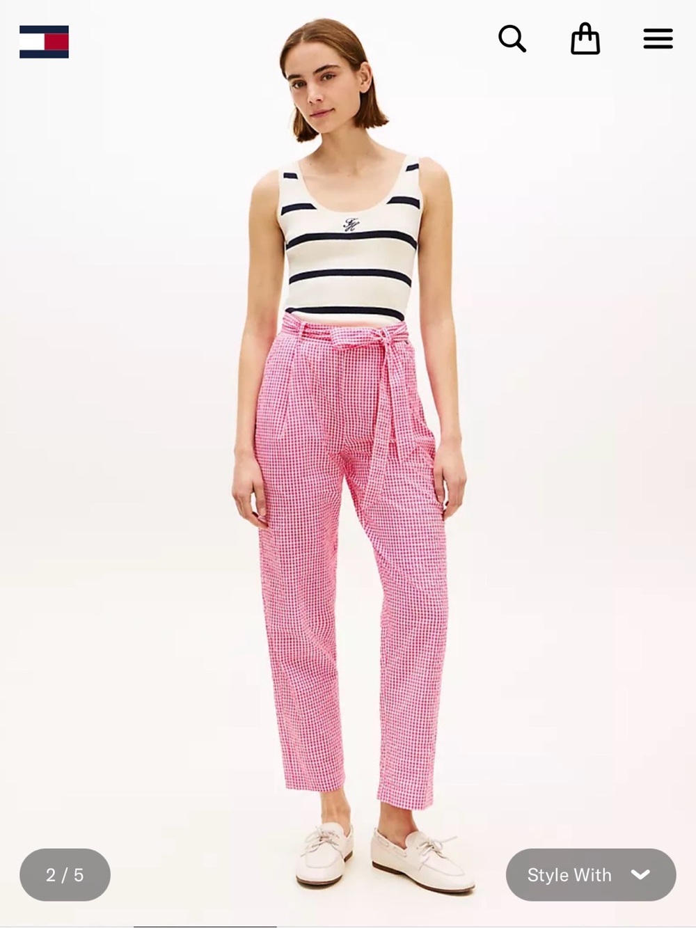 Tommy Hilfiger Pink Gingham Paperbag Waist Cropped Pants - Picture 1 of 8